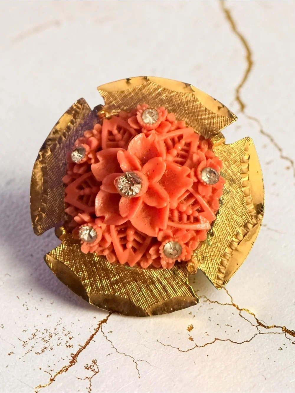 Vintage Coral-Orange Floral Brooch • Gold-Tone Statement Pin • Rhinestone Accent